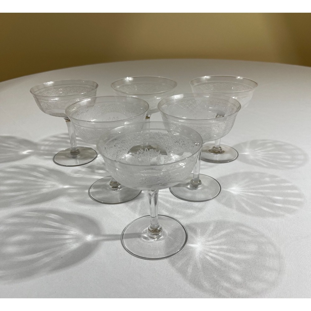 Vintage Etched Glass Champagne Coupes Floral Basket Lace Set of 6 Dessert Bowls